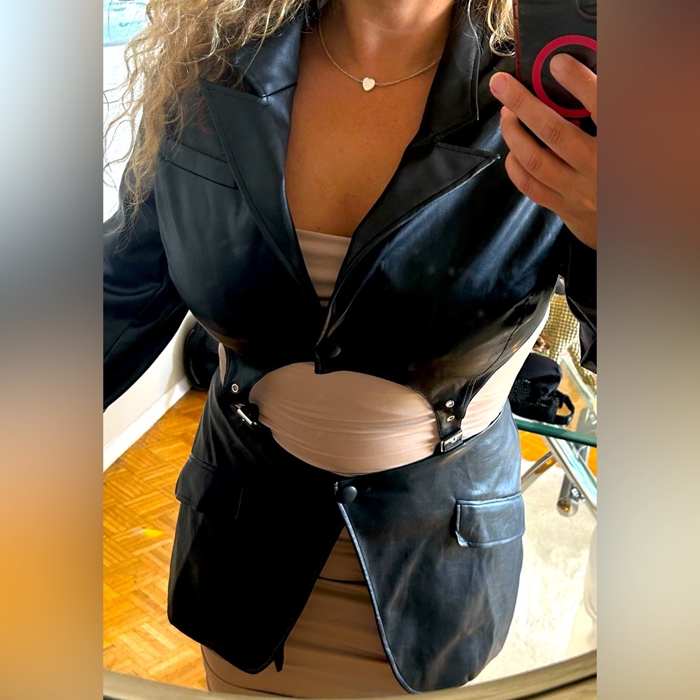 AKIRA, crazy-sexy-cool faux leather black cutout blazer